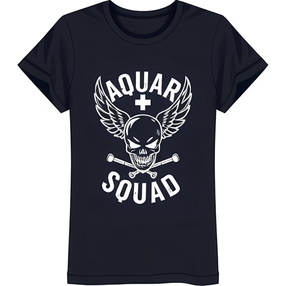 Edgy Black T-Shirt with Bold White & Wings Graphic Aquar Squad Design