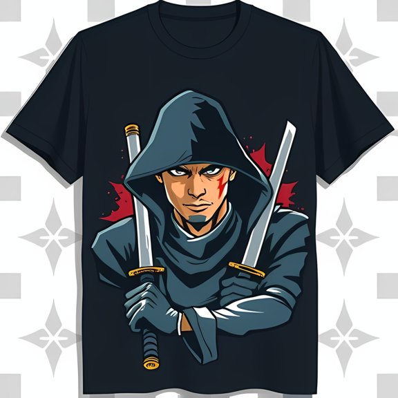 Edgy Black T-Shirt with Cartoon Hooded Figure & Dual Graphic