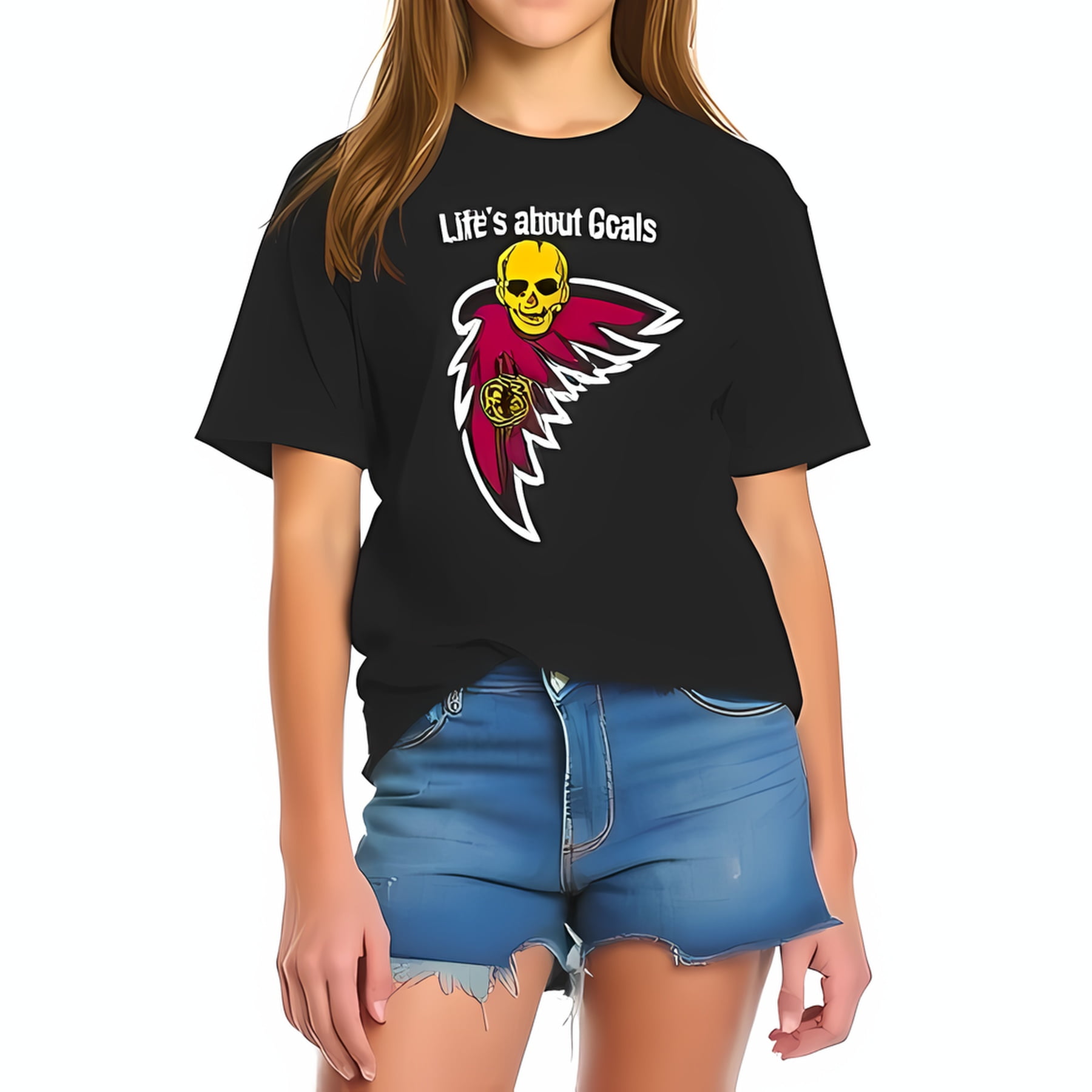 Edgy Black TShirt with & Crimson Wing Graphic "Life's about Gcals