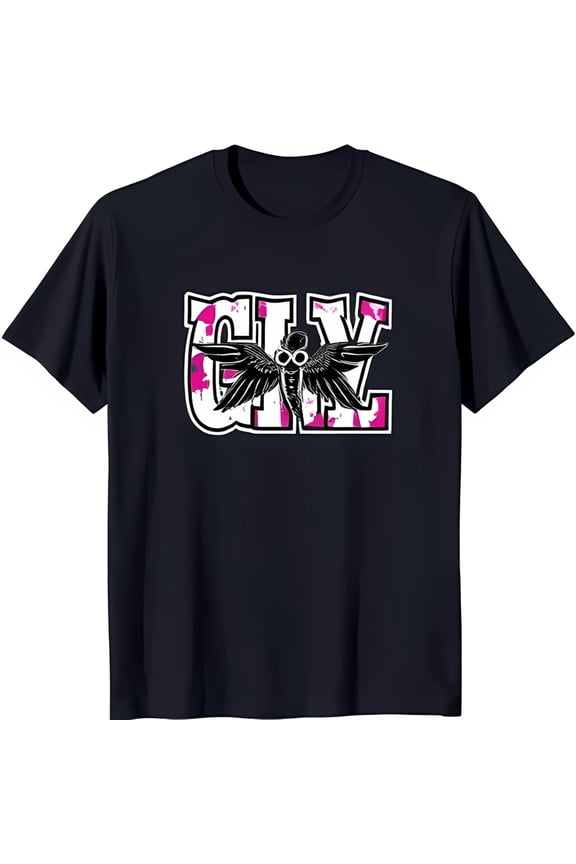 Edgy Black T-Shirt with 'FLY' Graphic and Butterfly Design Pink Splatters