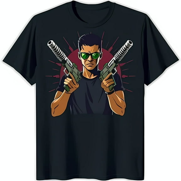 Edgy Black T-Shirt with Graphic of Determined Man in Sunglasses
