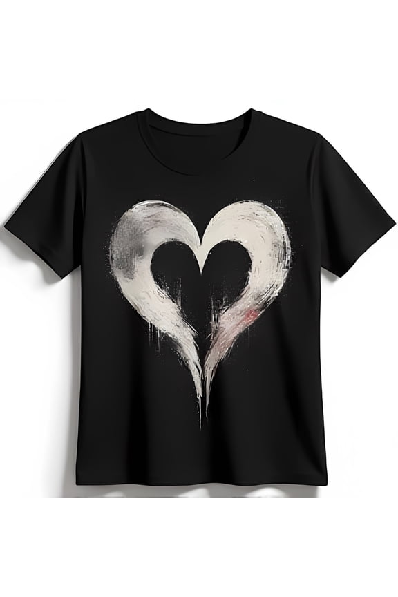 Edgy Black T-Shirt with Grungy White Heart Graphic Unique Abstract Design