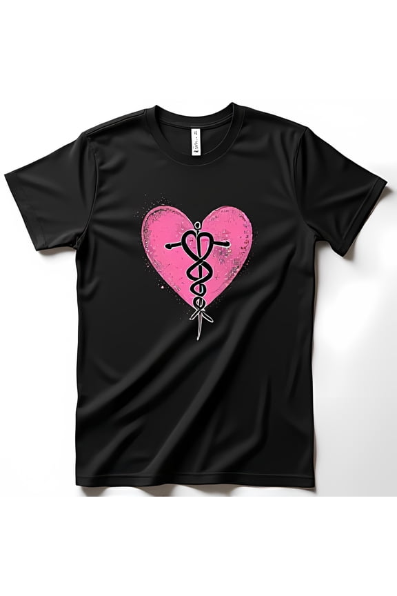 Edgy Black T-Shirt with Pink Painted Heart & Caduceus Graphic