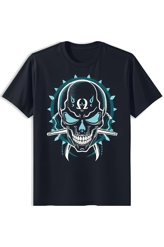 Edgy Black T-Shirt with Striking Blue Graphic Glowing Eyes & Crossed