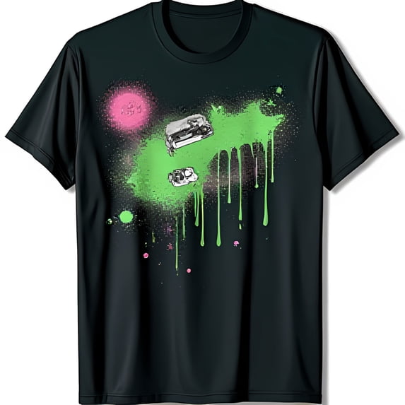 Edgy Black T-Shirt with Unique Green & Pink Design and Silver Car Graphic