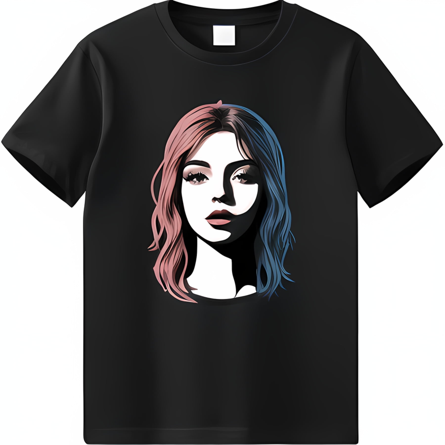 Edgy Black TShirt with Vibrant Split Pink and Blue Hair Graphic Design