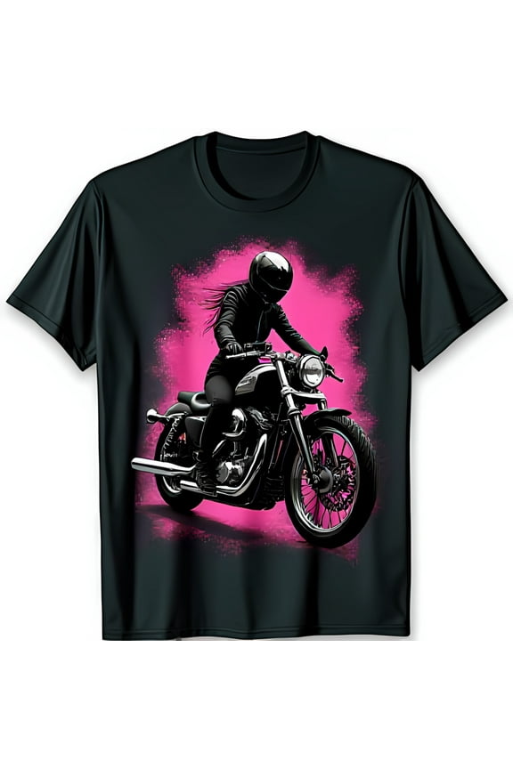 Edgy Black T-Shirt with Woman on Motorcycle Design Classic & Pink Splatter