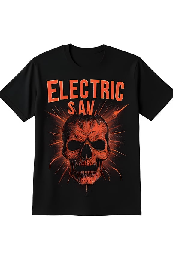 Edgy Black T-Shirt with and Fiery Background Saw Design