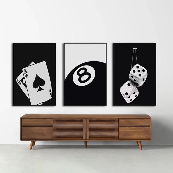 Edgy Black White Gallery Wall Lucky 8 Ball Playing Cards Fuzzy Dice Hypebeast Dorm Art Set 3 Stretched Canvas 16x24