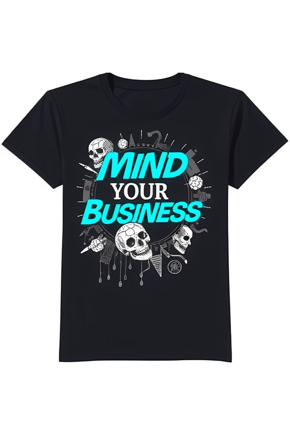 Edgy Blue T-Shirt with & 'Mind Your Business' in Gears & Geometric Design