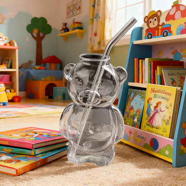 Edgy Cartoon Bear Tumbler, Dark Tinted Glass with Included Straw for Hot & Cold Drinks, A Unique Vessel for Home Bar and Coffee Enthusiasts