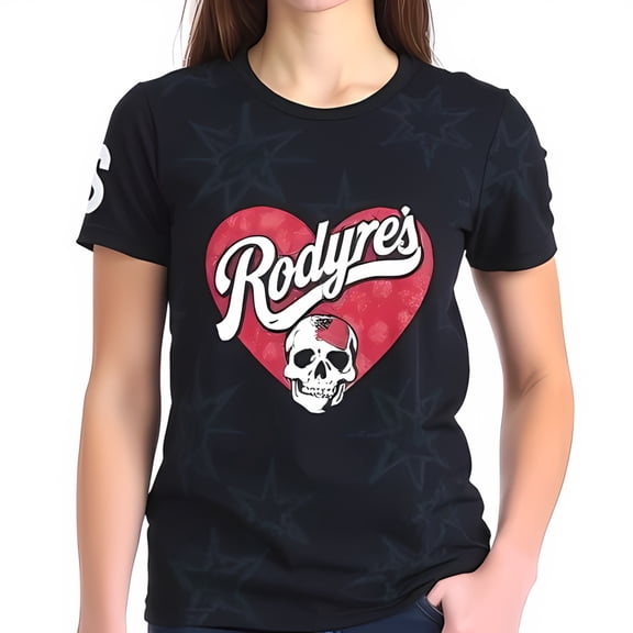 Edgy Cotton Short Sleeve T-Shirt with Bold Red Heart & Design Stylish 'Rodrye's' Script Star Pattern Background