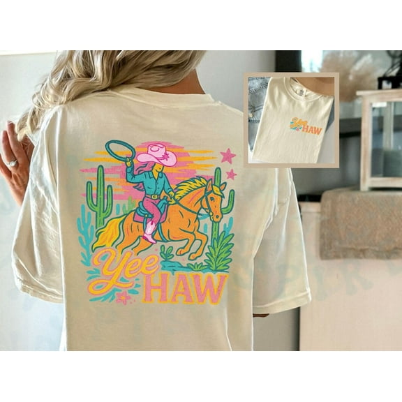 Edgy Cowgirl Yee Haw Shirt, Neon Shirt, Colorful Western Graphic Tee, Summer Pink Cowboy Hat Party, Wild West Wear, Country Nashville Shirt