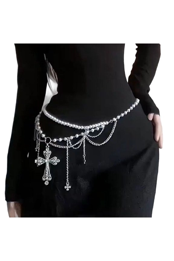 Edgy Crosses Design Pearls Chain Waist Chain For Punk Rock Concerts And Casual Streetwear