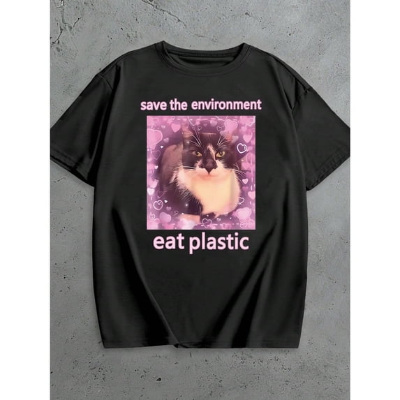 Edgy Humor Graphic Tee T Shirt Top Ironic Cat Save Environment Design Short Sleeve Crew Neck Black S-5XL