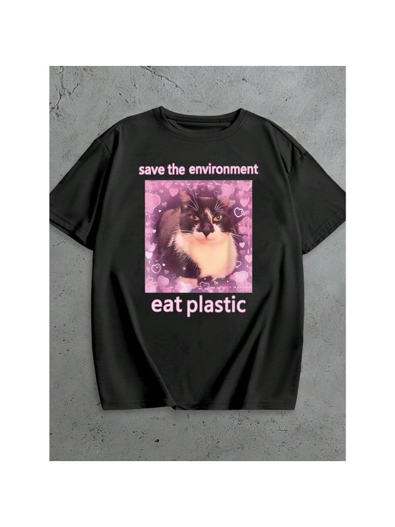 Cotton Edgy Humor Graphic Tee T Shirt Top Ironic Cat Save Environment Design Short Sleeve Crew Neck Black S-5XL