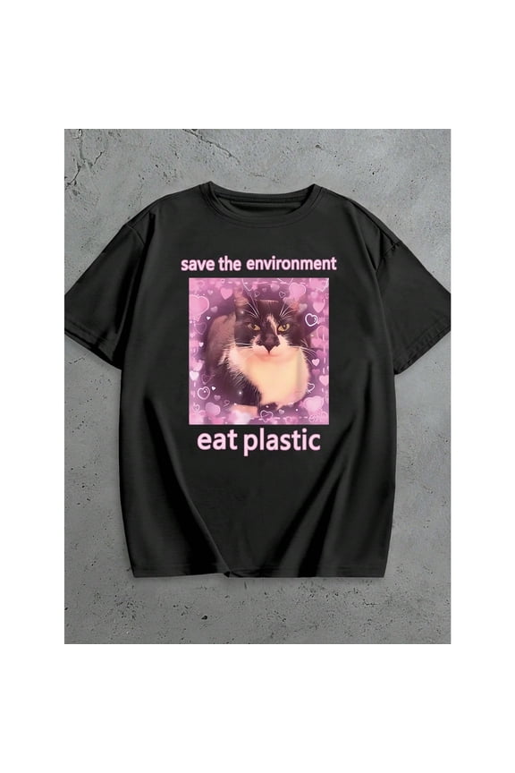 Cotton Edgy Humor Graphic Tee T Shirt Top Ironic Cat Save Environment Design Short Sleeve Crew Neck Black S-5XL