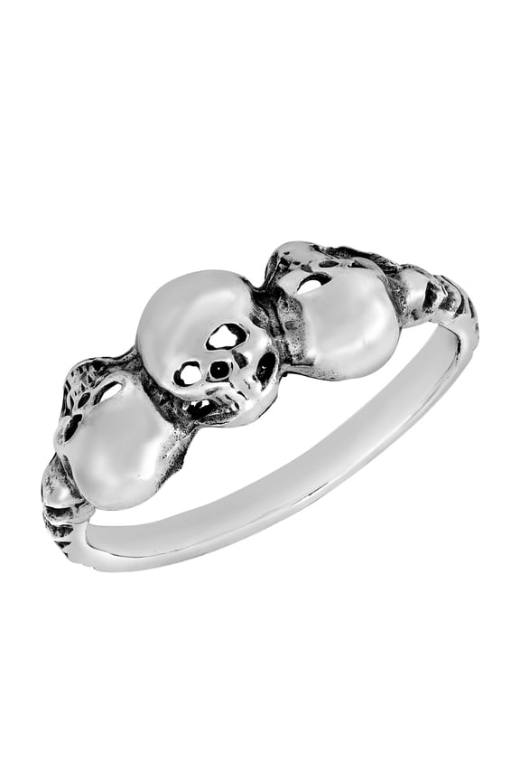Edgy Immortal Triple Skulls Upside Down Sterling Silver Band Ring-8