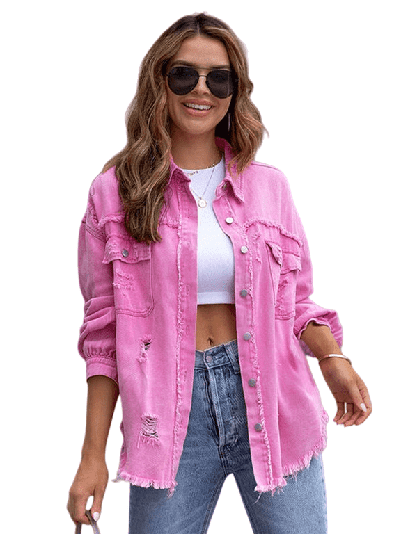 Women's Distressed Denim Jacket - Raw Edge Casual Jean Jacket S-2XL