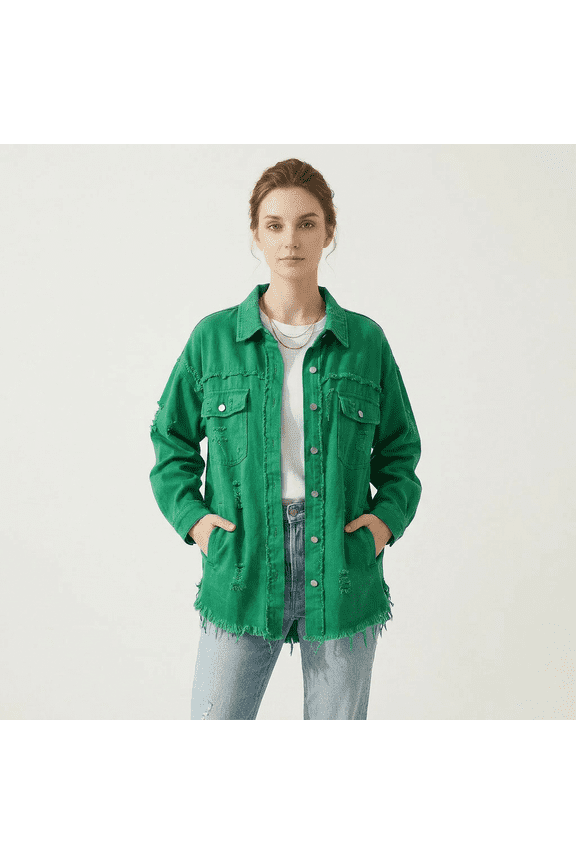 Women's Oversized Distressed Denim Shacket - Long Sleeve Button Down Lapel Jacket & Coat S-2XL