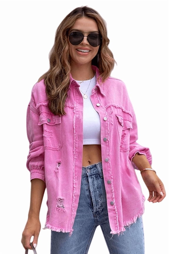 Women's Distressed Denim Jacket - Raw Edge Casual Jean Jacket S-2XL