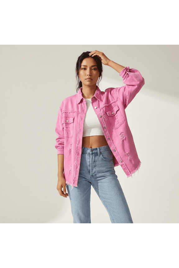Women's Distressed Denim Jacket - Raw Edge Casual Jean Jacket S-2XL