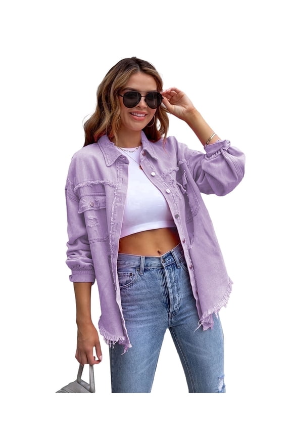 Women's Oversized Distressed Denim Shacket - Long Sleeve Button Down Lapel Jacket & Coat S-2XL