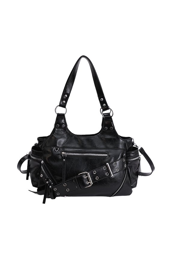 Edgy PU Motorcycle Tote Bag for Women, Belt Buckle Design, Metal Ring & Rivet Detail, Large Capacity Zipper Closure Shoulder Crossbody Bag for Daily Use (12.6" x 7.9" x 4.7", 1.17 lb)