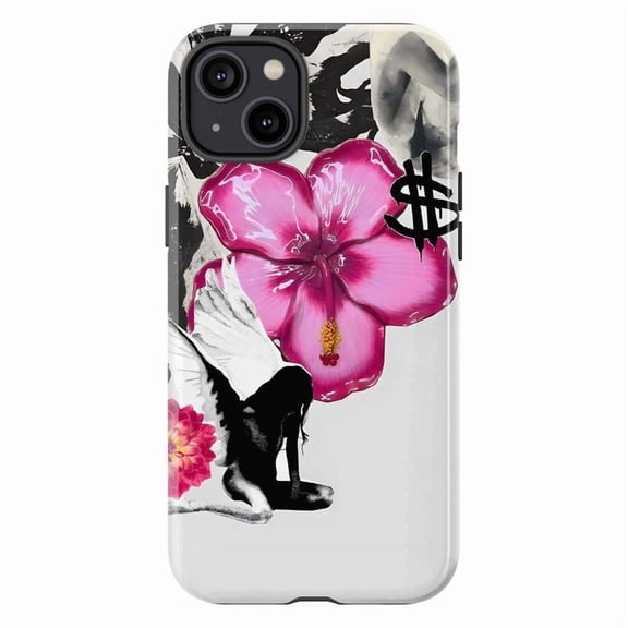 Edgy Pink Hibiscus Flower & Winged Figure Art Phone Case, Bold Graphic iPhone Cover for 16 15 14 13 12 11 Pro Max Mini Plus
