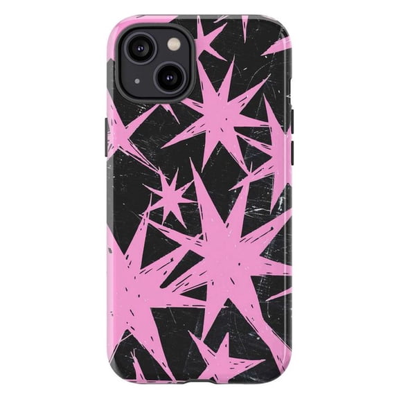 Edgy Pink Starburst Phone Case, Abstract Retro Star Pattern on Black Background, Durable Protective Cover for iPhone 16 15 14 13 12 11 Pro Max Mini