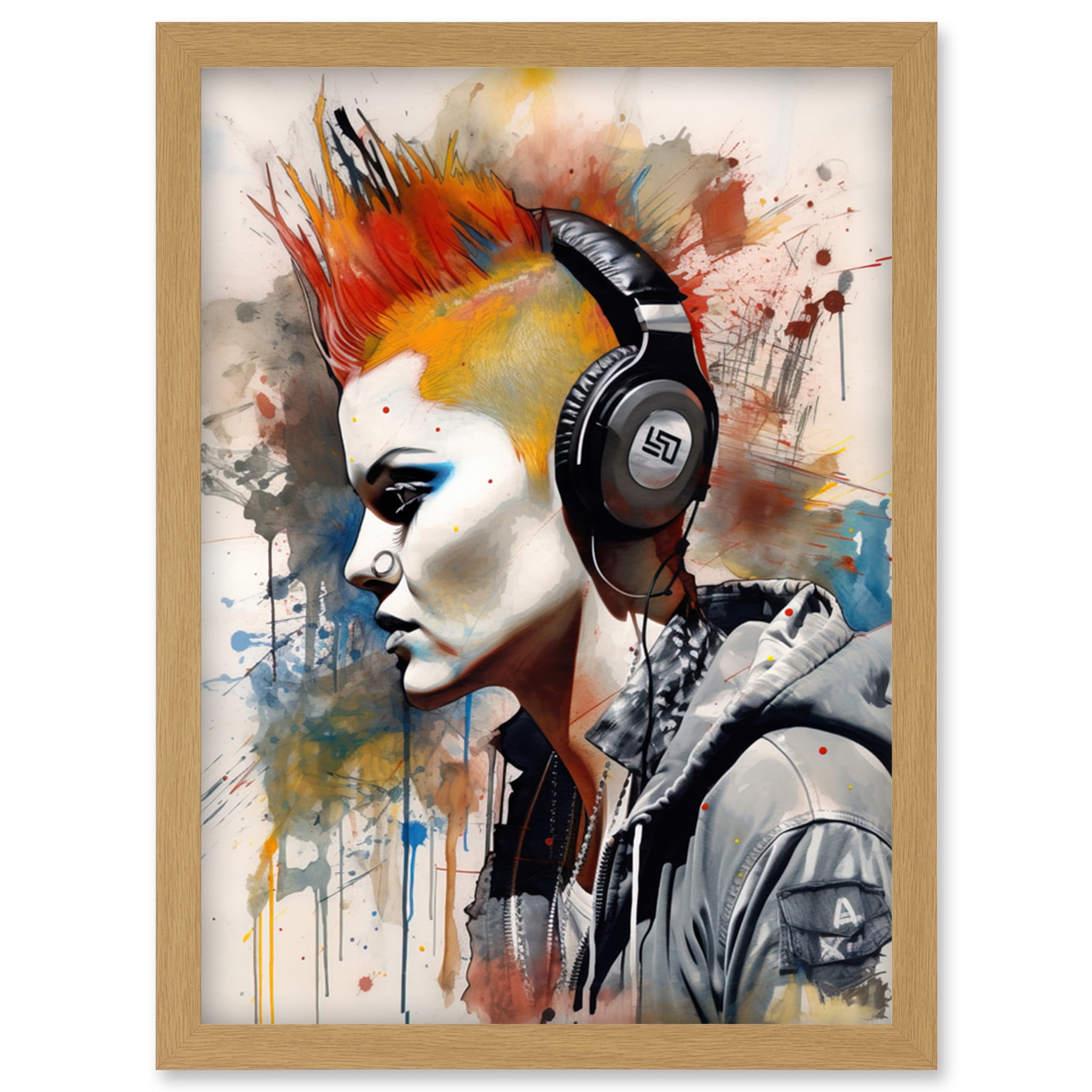 Edgy Young Punk Woman with Red Mohawk and Headphones