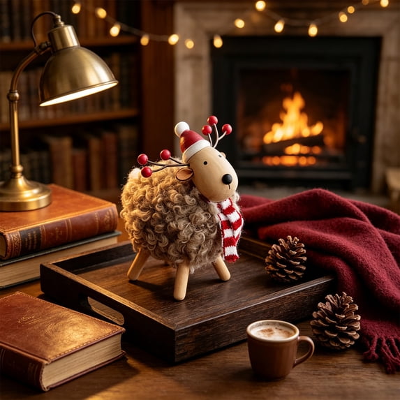 Edhome Christmas Wooden Sheep Figurine Festive Tabletop Window Display Shelf, A