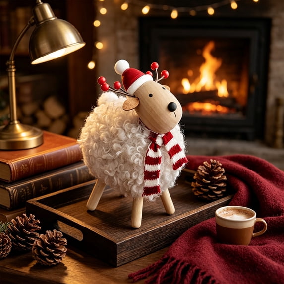Edhome Christmas Wooden Sheep Figurine Festive Tabletop Window Display Shelf, B