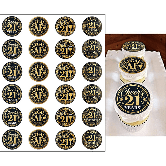 Edible 21st Birthday Cupcake Toppers, 24 Count Black & Gold