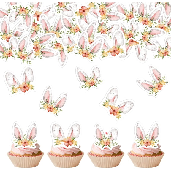 Edible Floral Easter Bunny Ear Cupcake Toppers, Rabbit Ears Cupcake Picks, Wafer Paper Cake Toppers for Easter Theme Spring Birthday Party Supplies