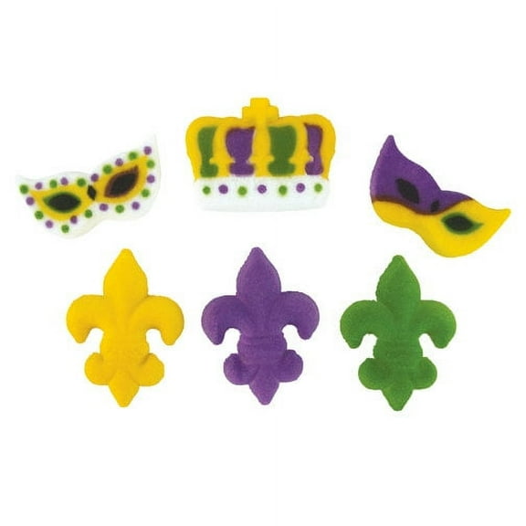 Edible Mardi Gras Assortment Sugar Decorations 12 Count Crown Mask Fluer Toppers Cupcakes Brownies Cookies Cake Pops
