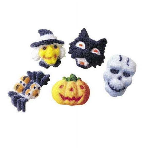 Edible Mini Fright Assortment Sugar Decorations 12 Count Halloween Witch Pumpkin Spider Skeleton Black Cat Toppers Cupcakes Brownies Cookies Cake Pop