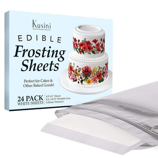 Edible Paper 24 Frosting Sheets in Resealable Packaging 8.5” x 11”, Kosher Certified and Vegan