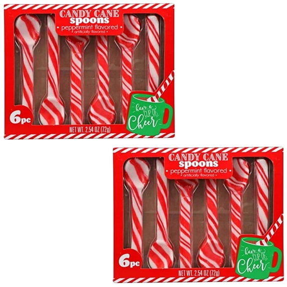 Edible Sugar Candy Cane Peppermint Flavored Spoon 6Cts for Hot Chocolate Party and Coffee Bulk Christmas Flavors Birthday Goody Filler Stocking Stuffer Fun Party Supplies 2 Boxes of 6 Pack Each