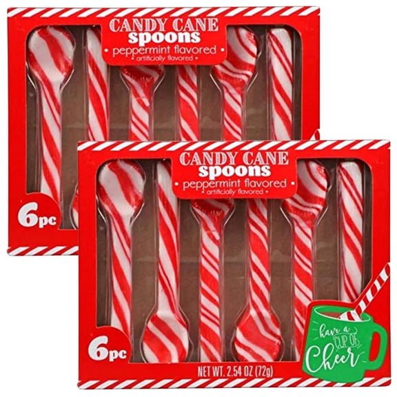 Edible Sugar Candy Cane Peppermint Flavored Spoon 6Cts for Hot Chocolate Party and Coffee Bulk Christmas Flavors Birthday Goody Filler Stocking Stuffer Fun Party Supplies 2 Boxes of 6 Pack Each