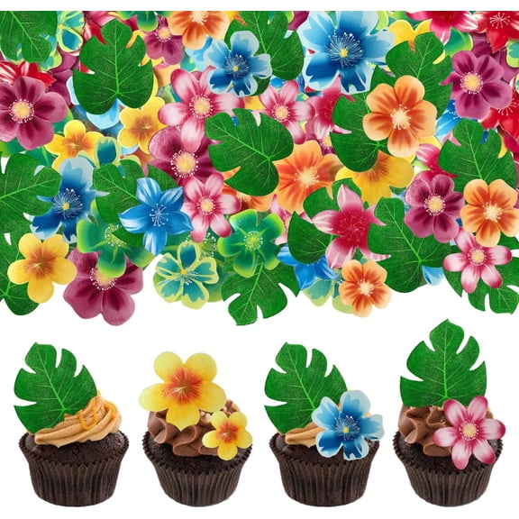 Edible Tropical Turtle Leaves Flower Cupcake Toppers Wafer Paper Palm Leaf Flower Cake Topper Edible Cake Decoration for Hawaii Aloha Jungle Summer Theme Wedding Birthday Baby Shower  83PCS