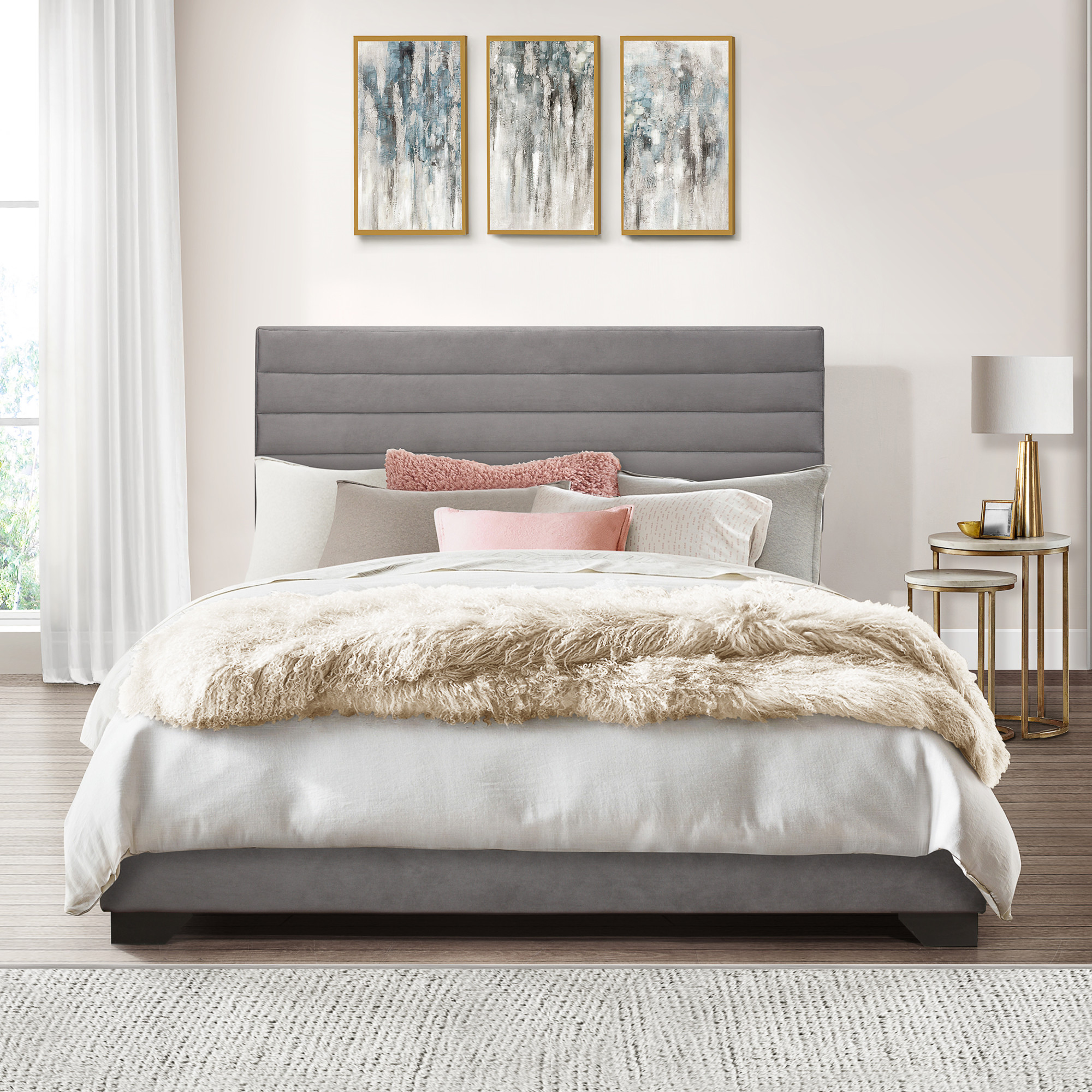 Edie Upholstered Queen Horizonal Tuft Platform Bed, Charcoal - image 1 of 14