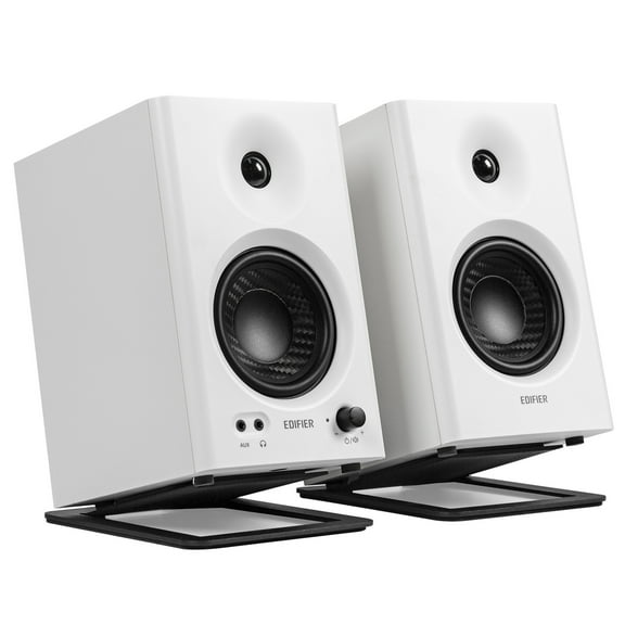 Edifier MR4 Powered Studio Monitor Speakers with 7" Desktop Speaker Stands 1 Pair, 4" Active Near-field Monitor and Vibration Damping Tilted Tabletop Speaker Stands Set - White