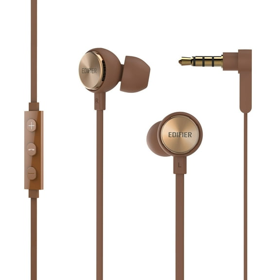 Edifier P293 Plus Headphones In-Ear Earphones Inline Volume Playback Controls Flat L Shaped Cable Comfortable Eartips - Brown, Holiday Gift