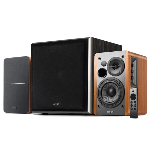 Edifier R1280DBs Active Bluetooth Bookshelf Speakers with T5 8-Inch Powered Subwoofer Bundle - 2.0 Wireless Studio Monitor Speaker Set with Optical Input – Wood Grain