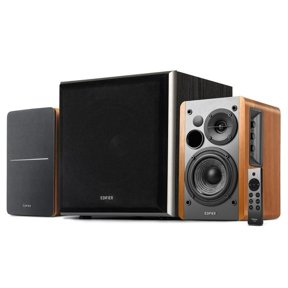Edifier R1280DBs Active Bluetooth Bookshelf Speakers with T5 8-Inch Powered Subwoofer Bundle - 2.0 Wireless Studio Monitor Speaker Set with Optical Input Wood Grain