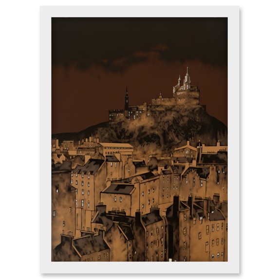 Edinburgh Castle Over Old Town Cityscape at Night Artwork Framed Wall Art Print A4