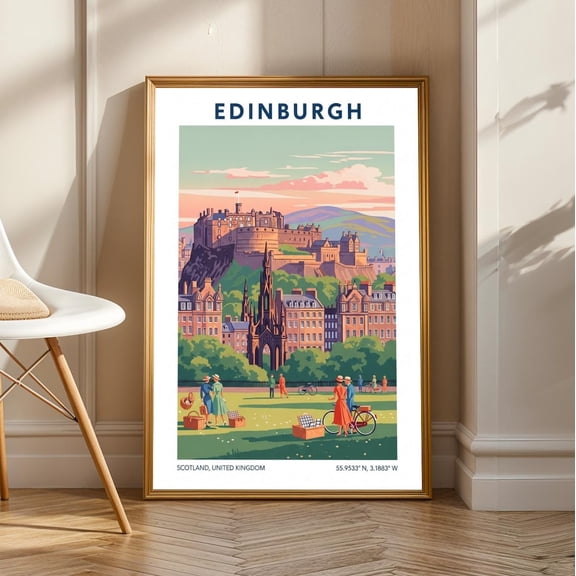 Edinburgh Castle Vintage Travel Poster: Scottish Gouache Landscape Art, Stretched Canvas Size 12x18
