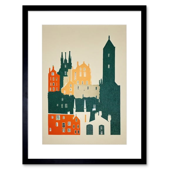 Edinburgh Old Town Retro Street Illustration Artwork Framed Wall Art Print 9X7 Inch