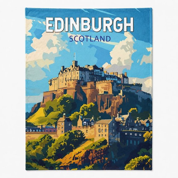 Edinburgh Scotland Fleece Blanket – Retro Travel Poster Art, Soft 280GSM, 4 Sizes